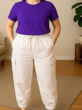 White Drawstring Waist Cargo Pants with Front and Back Pockets size XL